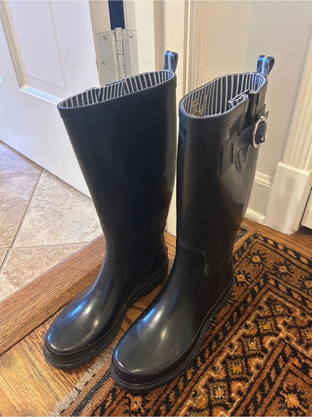 Women's Tall Black Rain Boots with Striped Lining. Nautica . Smoke free home .
